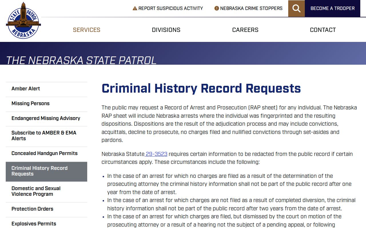Thayer County criminal history Nebraska State Patrol request page