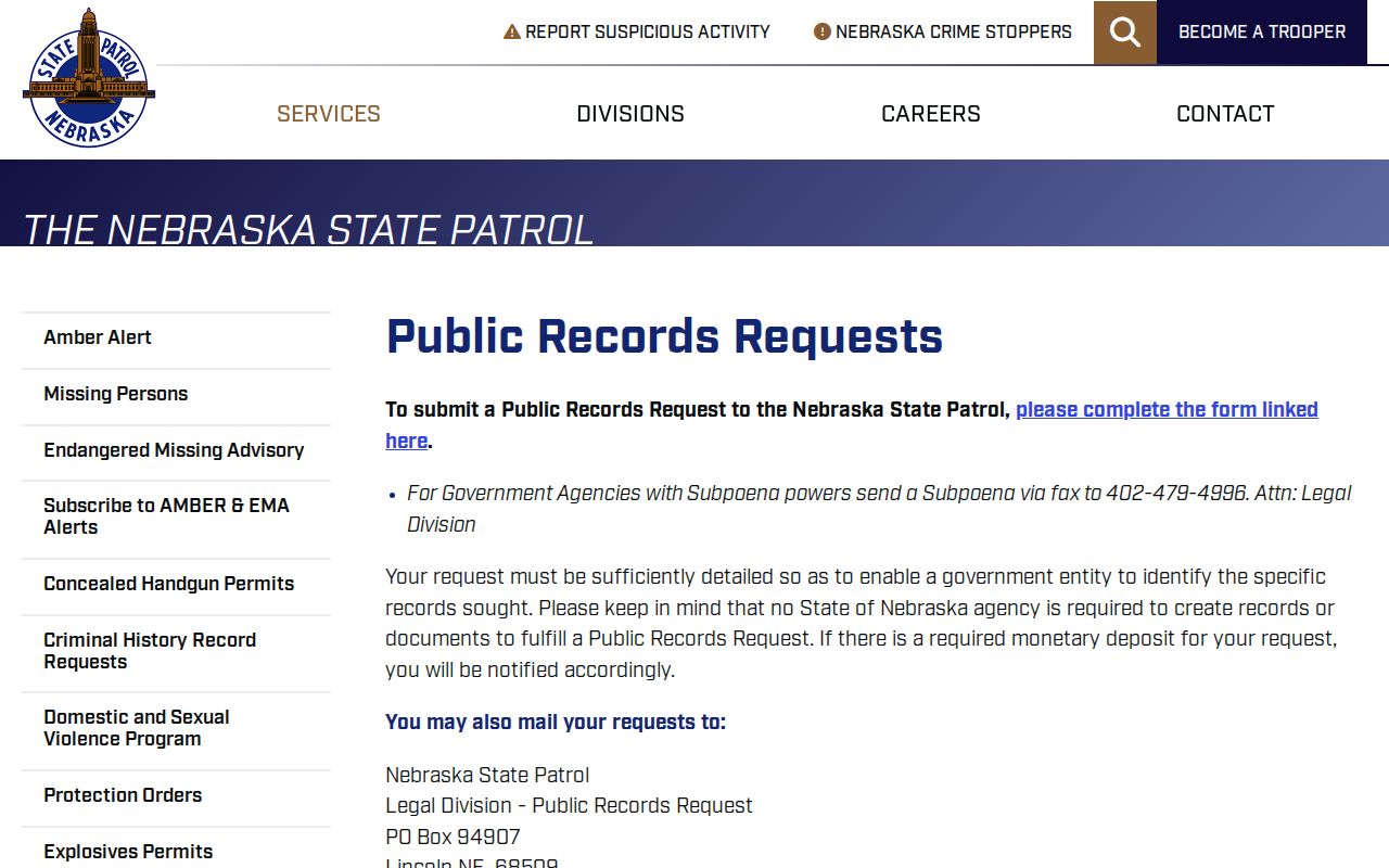Thayer County arrest records request through Nebraska State Patrol