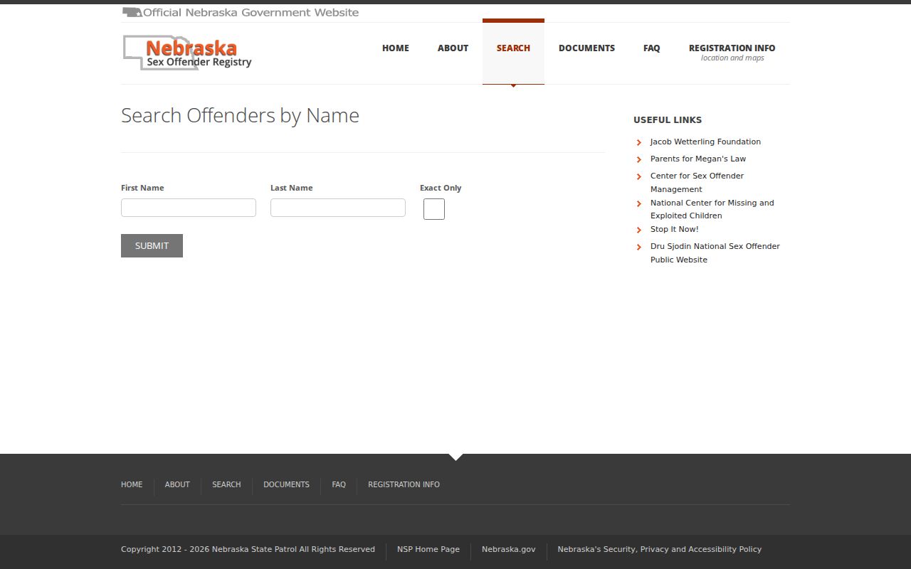 Thayer County sex offender registry name search fields