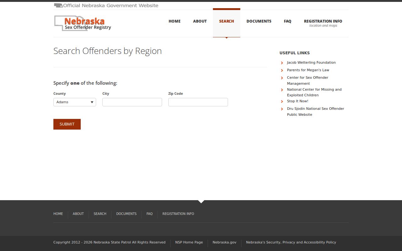 Thayer County sex offender registry region search